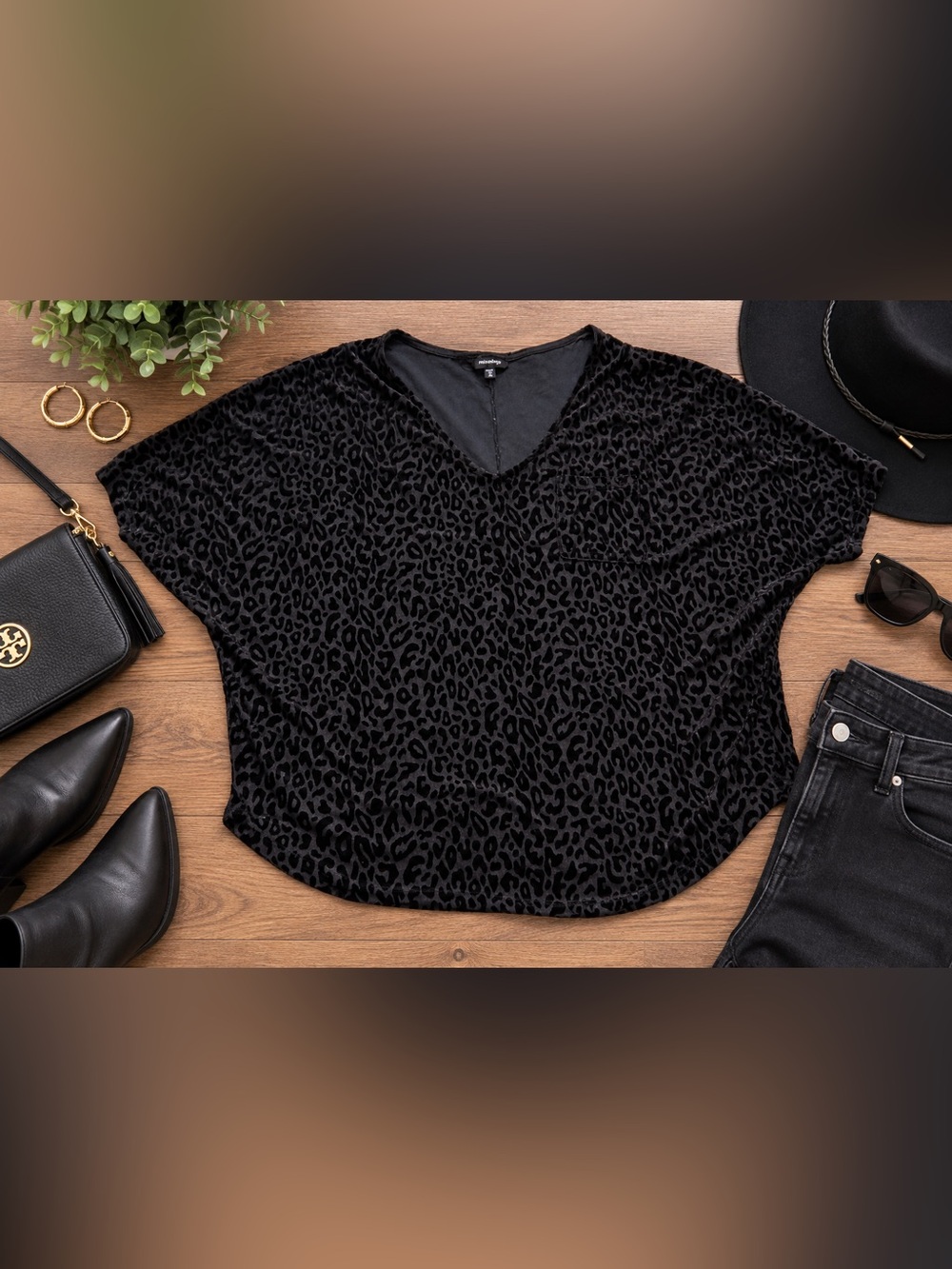 Mittoshop Black Leopard Burnout V-Neck Oversized Tunic Top XL
